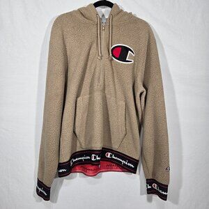 Y2K CHAMPION Streetwear TAN Spell Out Teddy Half Zip Sherpa Hoodie Men's Size L.